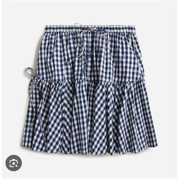 J. Crew Skirt Womens Small Blue White Gingham Check Tiered Ruffle Mini Elastic - Picture 1 of 4